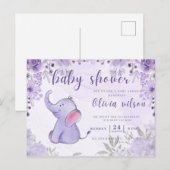 Uitnodiging baby shower, paarse olifantenbloemen (Voorkant / Achterkant)