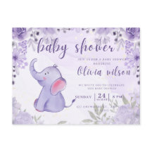Uitnodiging baby shower, paarse olifantenbloemen