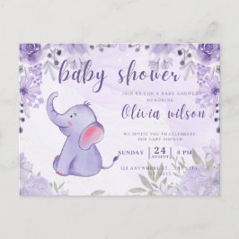 Uitnodiging baby shower, paarse olifantenbloemen