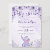 Uitnodiging baby shower paarse olifantsbloemen (Voorkant)