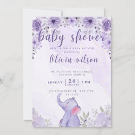 Uitnodiging baby shower paarse olifantsbloemen