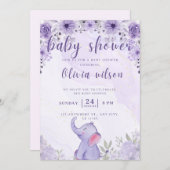 Uitnodiging baby shower paarse olifantsbloemen (Voorkant / Achterkant)