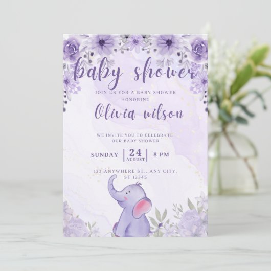 Uitnodiging baby shower paarse olifantsbloemen (Staand voorkant)