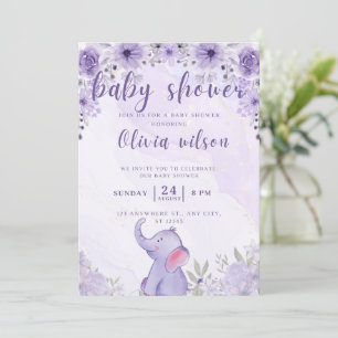 Uitnodiging baby shower paarse olifantsbloemen