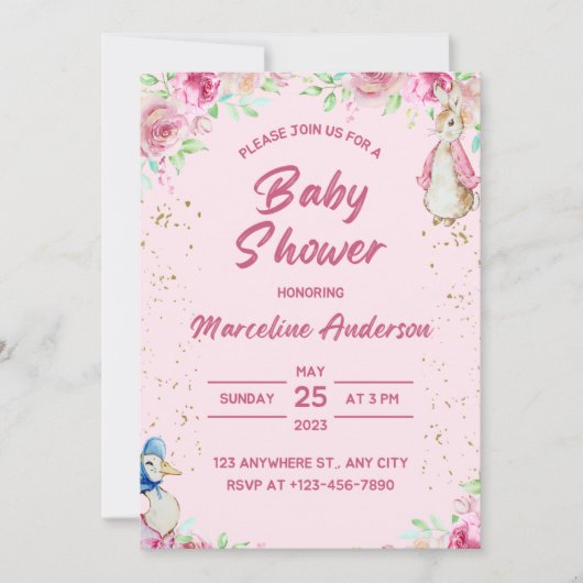 Uitnodiging baby shower, roze (Voorkant)