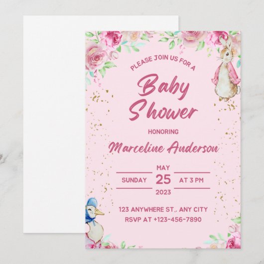 Uitnodiging baby shower, roze (Voorkant / Achterkant)