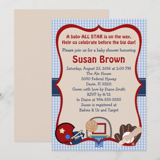 Uitnodiging Baby shower sport (Voorkant / Achterkant)