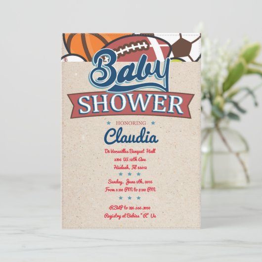 Uitnodiging Baby shower sport (Staand voorkant)