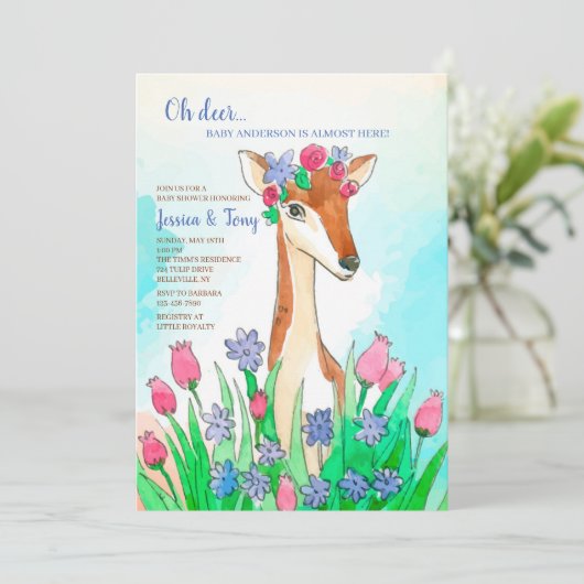 Uitnodiging Baby shower Spring Deer (Staand voorkant)