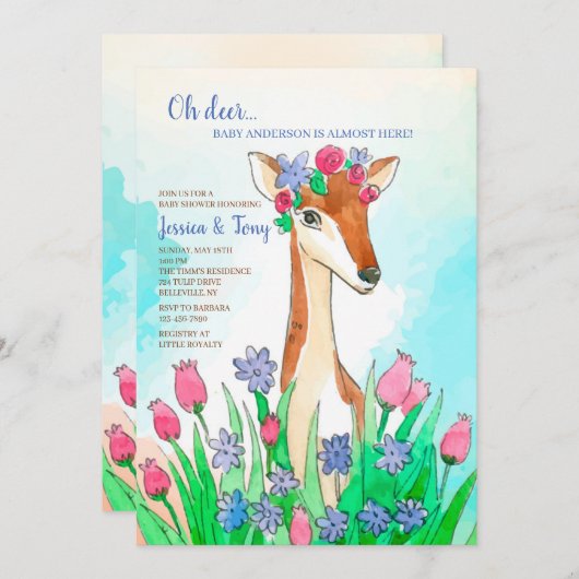 Uitnodiging Baby shower Spring Deer (Voorkant / Achterkant)