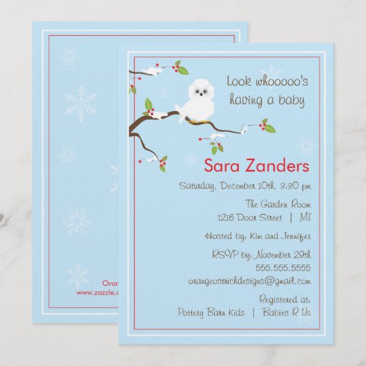 Uitnodiging baby shower - Winter Baby Owl (Voorkant / Achterkant)