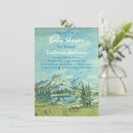 Uitnodiging Baby shower Woodland Mountain (Staand voorkant)