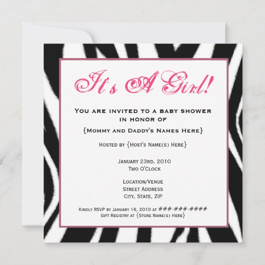 Uitnodiging baby shower - Zebra Print Stork (Achterkant)