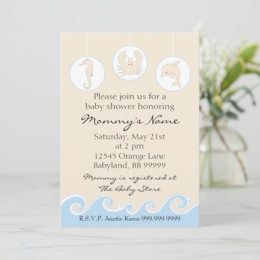 Uitnodiging baby shower. Zee Mobile Cream Blue (Staand voorkant)