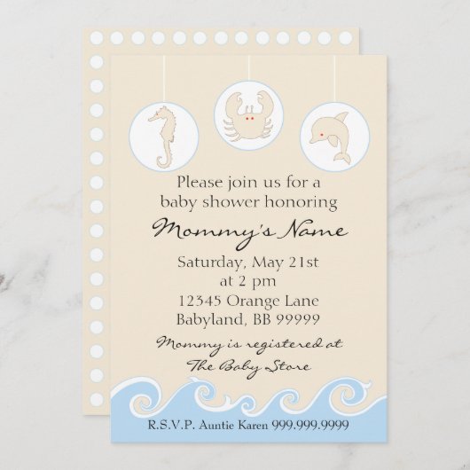 Uitnodiging baby shower. Zee Mobile Cream Blue (Voorkant / Achterkant)