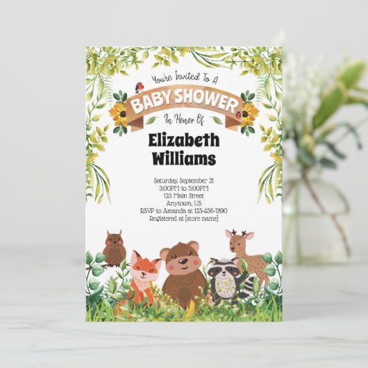 Uitnodiging babyshower dieren bos (Staand voorkant)