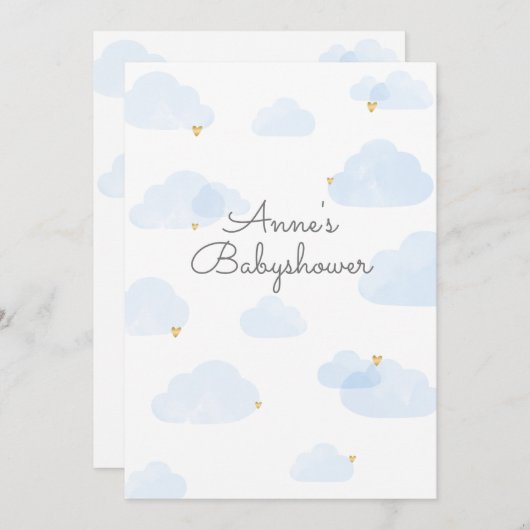 Uitnodiging babyshower jongen wolken lichtblauw (Voorkant / Achterkant)