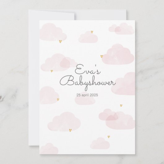 Uitnodiging babyshower meisje roze wolken (Voorkant)