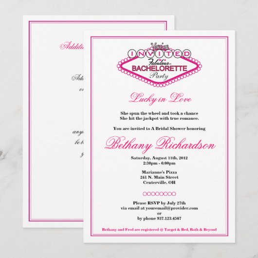 Uitnodiging Bachelorette van Los Vegas (Voorkant / Achterkant)