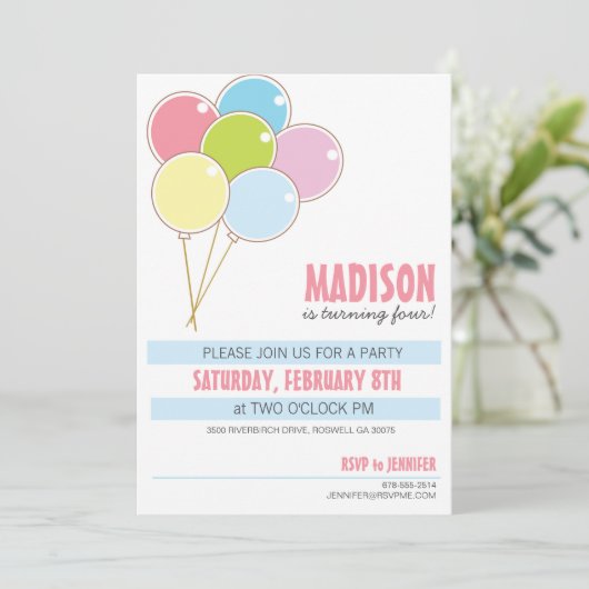 Uitnodiging Balloon Birthday Party kind (Staand voorkant)