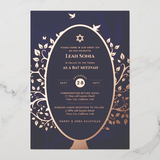 Uitnodiging Bar Mitswa ECHT FOLIE Boom des Levens (Voorkant)