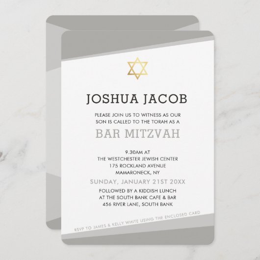 UITNODIGING BAR MITZVAH eenvoudig modern koel grij (Voorkant / Achterkant)