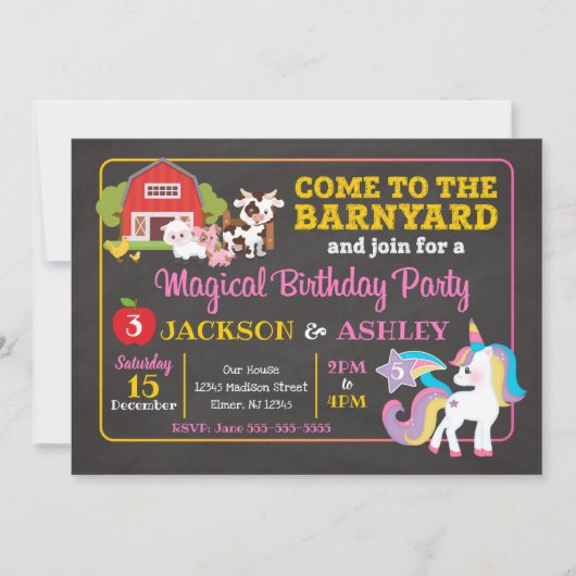 Uitnodiging Barnyard en Unicorn Joint Birthday (Voorkant)