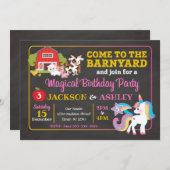 Uitnodiging Barnyard en Unicorn Joint Birthday (Voorkant / Achterkant)