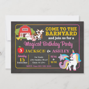 Uitnodiging Barnyard en Unicorn Joint Birthday