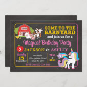 Uitnodiging Barnyard en Unicorn Joint Birthday (Voorkant / Achterkant)