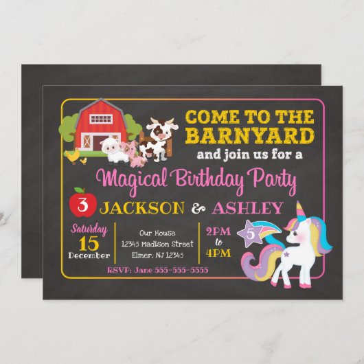 Uitnodiging Barnyard en Unicorn Joint Birthday (Voorkant / Achterkant)