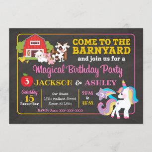 Uitnodiging Barnyard en Unicorn Joint Birthday