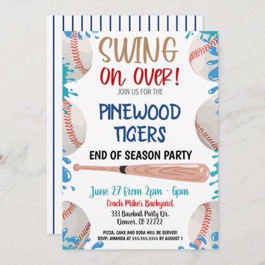 Uitnodiging Baseball Pool Feestje (Voorkant / Achterkant)