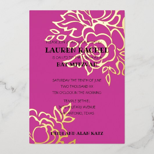 Uitnodiging Bat Mitzvah Goud Bloem op Elke Kleur (Voorkant)