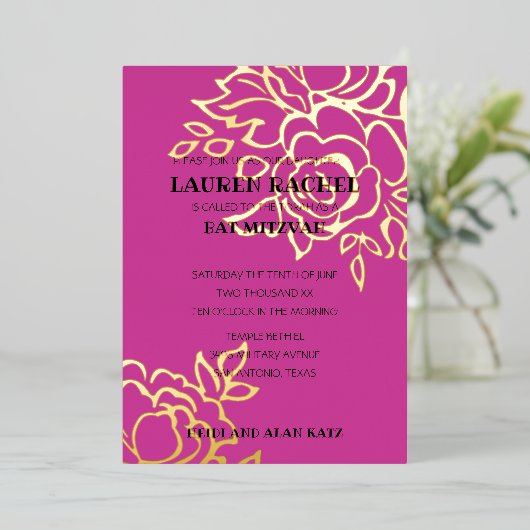 Uitnodiging Bat Mitzvah Goud Bloem op Elke Kleur (Staand Voorkant)