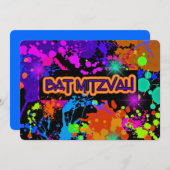 Uitnodiging Bat Mitzvah, Neon Verfspatten (Voorkant / Achterkant)