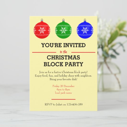 Uitnodiging Bauble Christmas Block Party (Staand voorkant)