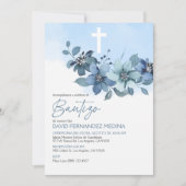 Uitnodiging Bautizo Blauwe Bloemen Elegante Dop (Voorkant)