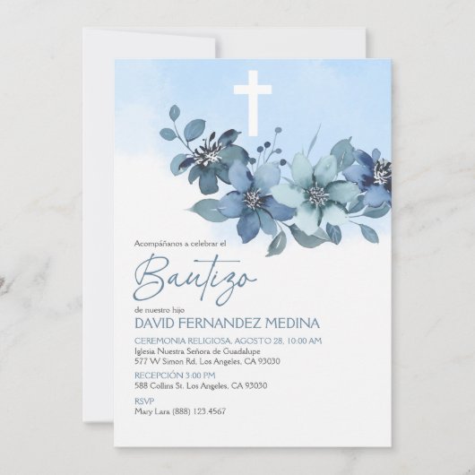 Uitnodiging Bautizo Blauwe Bloemen Elegante Dop (Voorkant)