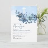 Uitnodiging Bautizo Blauwe Bloemen Elegante Dop (Staand voorkant)