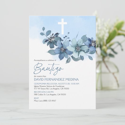 Uitnodiging Bautizo Blauwe Bloemen Elegante Dop (Staand voorkant)