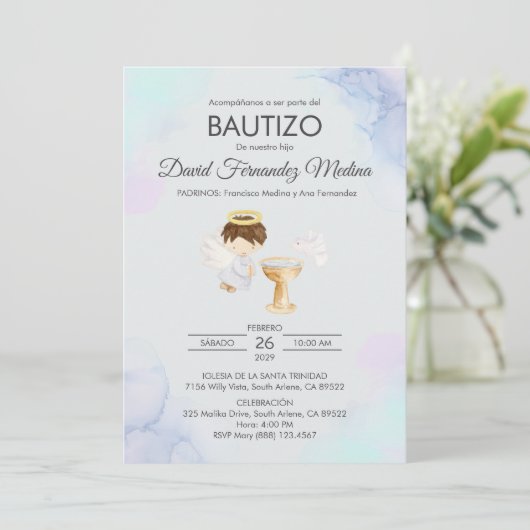 Uitnodiging Bautizo Boy Angel Katholiek Schattige  (Staand voorkant)