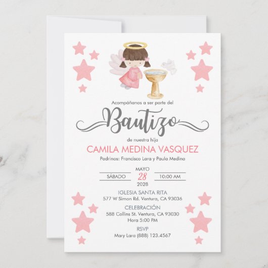 Uitnodiging Bautizo Engel Doop Engel en Sterren (Voorkant)