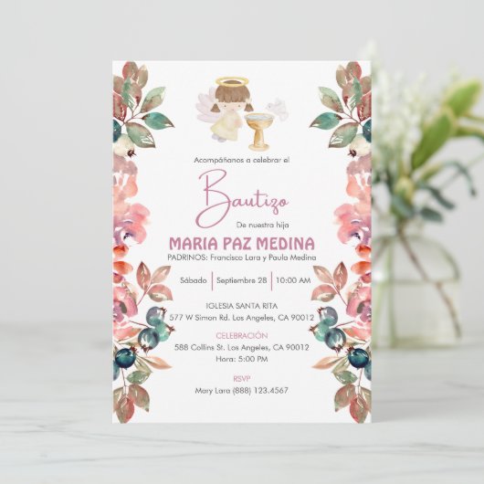Uitnodiging Bautizo Flowers Meisje Engel Schattige (Staand voorkant)