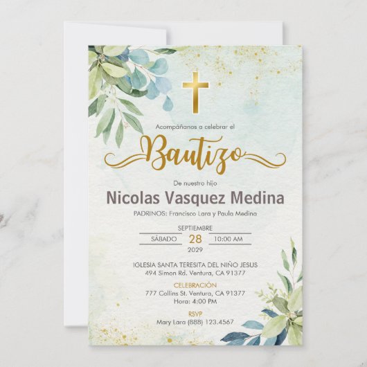 Uitnodiging Bautizo Green laat religieuze doop (Voorkant)