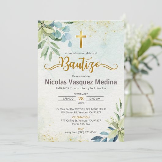 Uitnodiging Bautizo Green laat religieuze doop (Staand voorkant)