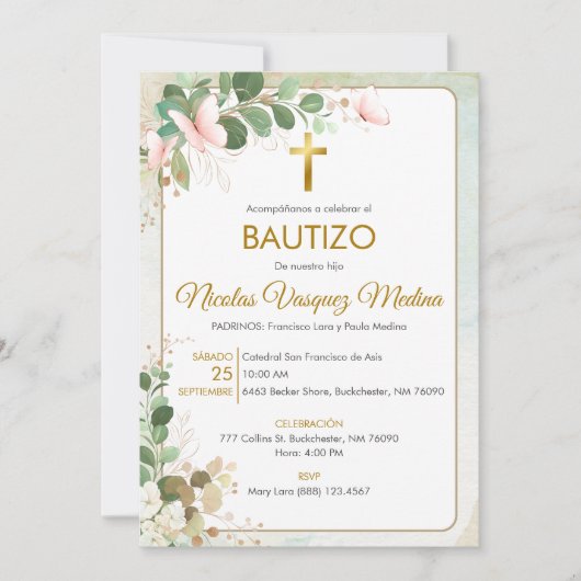 Uitnodiging Bautizo Green laat religieuze doop (Voorkant)