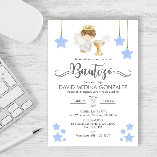 Uitnodiging Bautizo in Spaanse doop Angel Boy