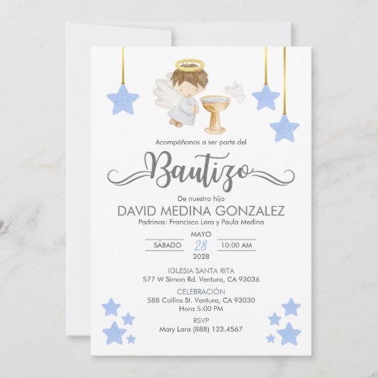 Uitnodiging Bautizo in Spaanse doop Angel Boy (Voorkant)