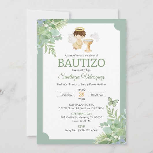 Uitnodiging Bautizo in Spaanse doop Baby Boy (Voorkant)